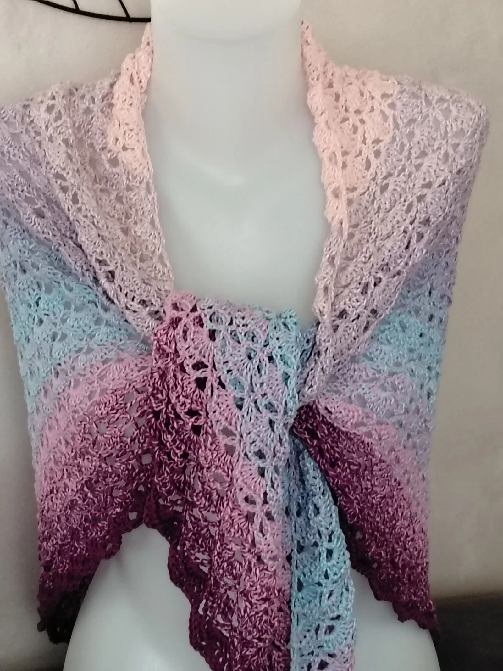 Large handmade summer shawl — Powder pink, sky blue & lilac gradient – photo 7